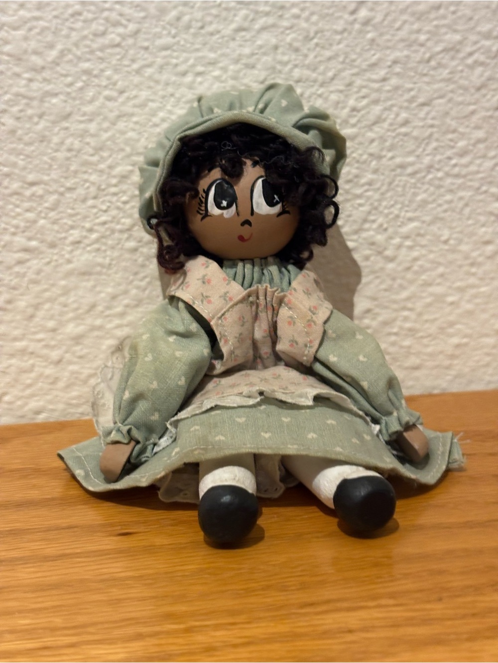 Handmade Green Cloths Pin Doll - Hand painted Vintage